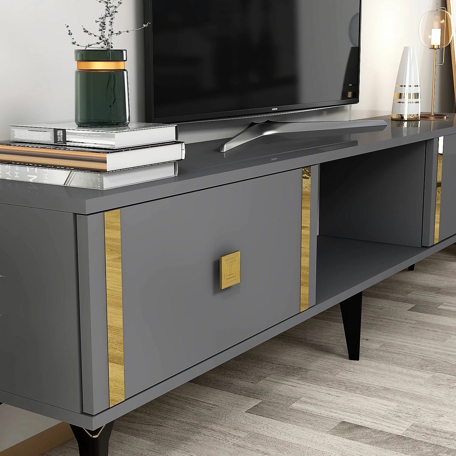 Komodë televizori, ngjyrë antracit dhe ari, Skye Decor, Doruk