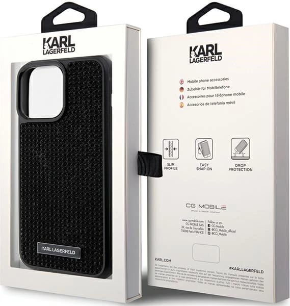 Mbështjellës Karl Lagerfeld Rhinestone Logo Metal Plate për iPhone 15 Pro Max, i zi