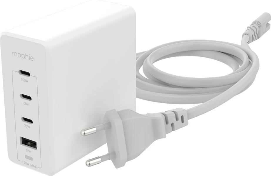Adapter muri mophie USB-C PD HUB 120W GaN, 3x USB-C + 1x USB-A, Bardhë, EU