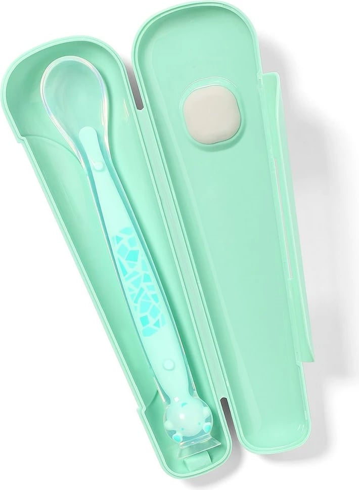 Lugë silikoni me kupë thithëse, Baby Ono, me kuti transporti, për 6m+, jeshile, paketim 1 lugë + kuti