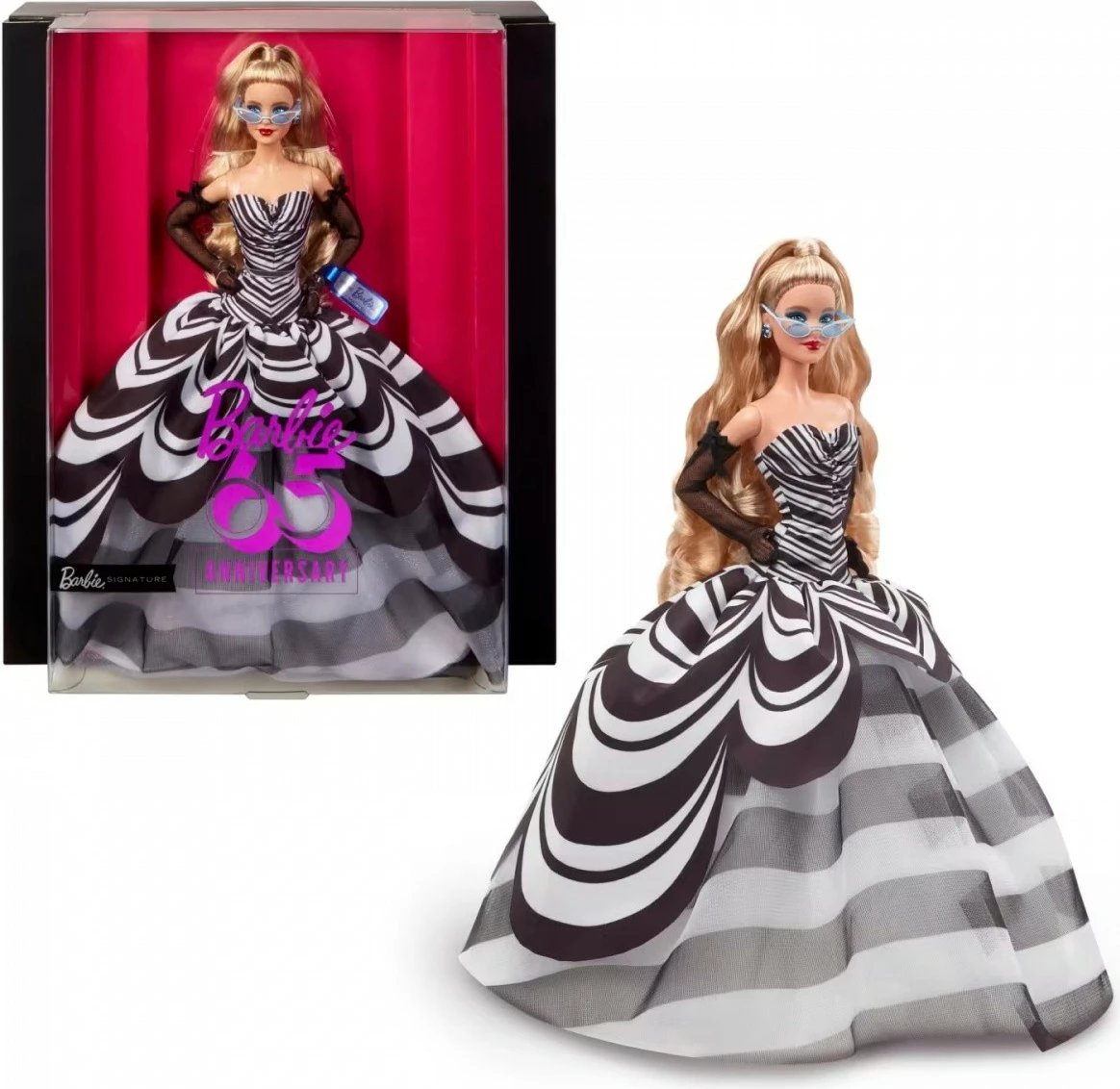Kukull Barbie Signature Mattel HRM58, 65 vjetori, bionde, me fustan bardh e zi