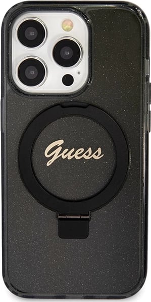 Mbështjellës Guess Ring Stand Script Glitter MagSafe për iPhone 15 Pro, i zi