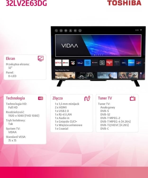 Televizor Toshiba 32LV2E63DG, Smart TV, Full HD, 32 inç, i zi