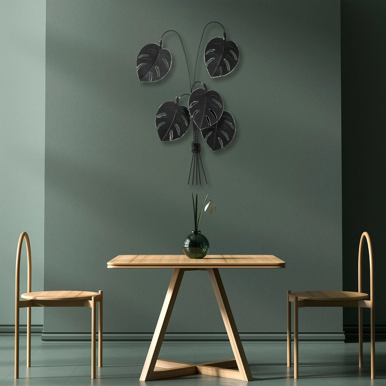 Aksesor muri dekorativ prej metali, Monstera, ngjyrë e zezë