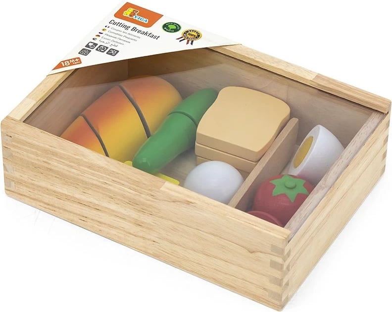 Set prerje mëngjesi prej druri, Viga, me dërrasë prerëse dhe thikë druri, elemente me Velcro, për 18+ muaj, Multicolor