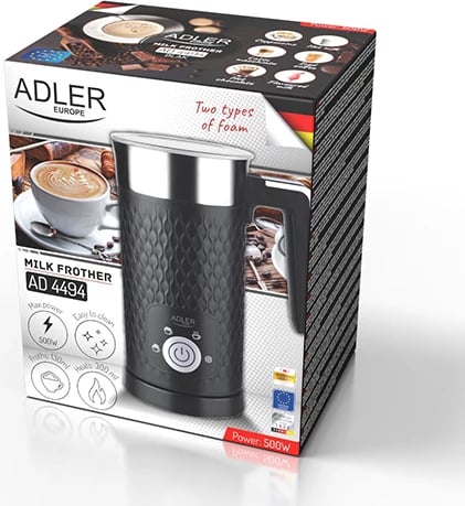 Shkumues qumështi Adler AD 4494, 300 ml ngrohje, 130 ml shkumë, 500W, 4 funksione, i zi