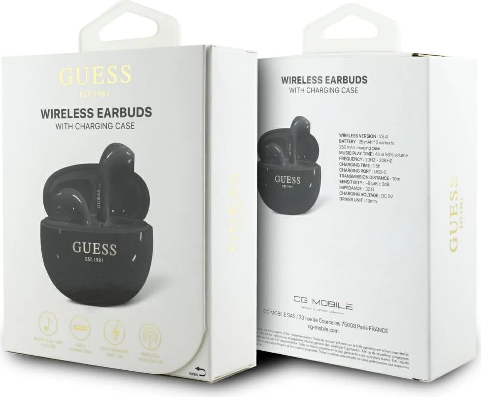 Kufje TWS Guess Glossy Effect, logo klasike, Bluetooth 5.4, IPX4, të zeza