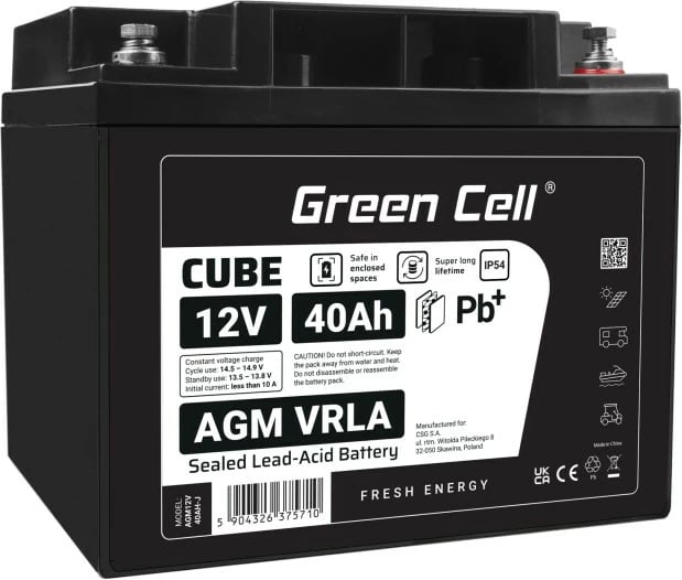 Bateri AGM VRLA, Green Cell, AGM12V40AH-J, 12V 40Ah IP54, e zezë