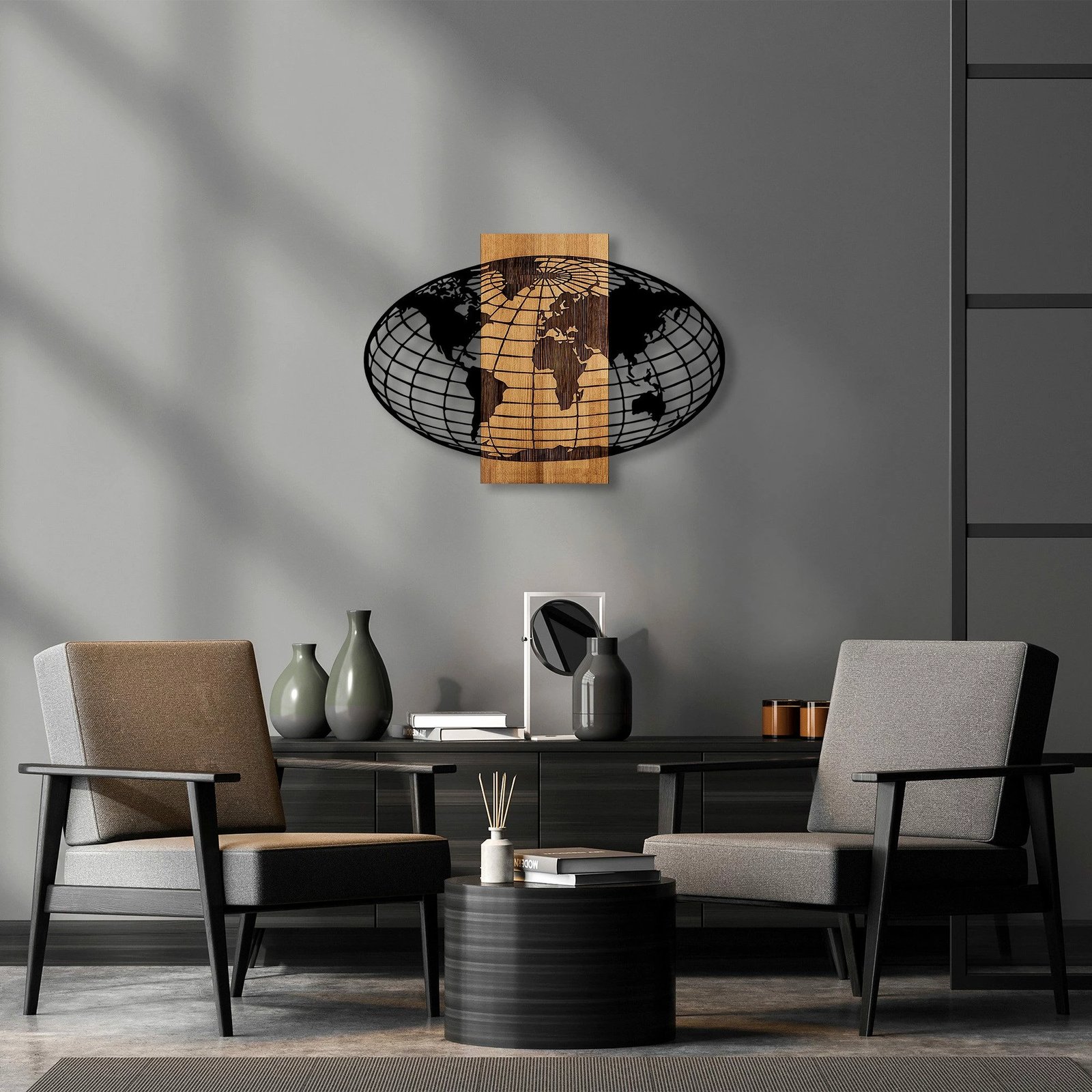 Aksesor dekorativ për mur, hartë bote, dru dhe metal, Wallity - 332