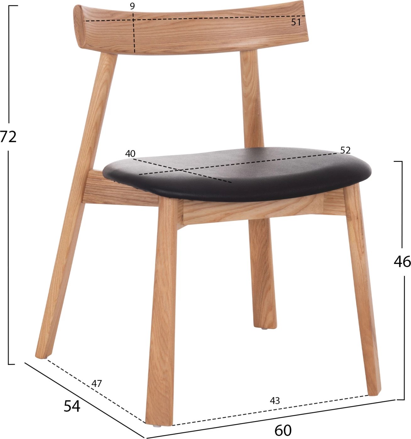 Karrige ngrënieje SEKAN, dru kauçuku, ulëse lëkurë sintetike e zezë, 60x54x72cm, set prej 2 copë