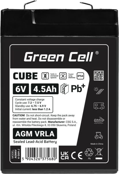 Bateri AGM VRLA, Green Cell, AGM6V4-5AH-J, 6V 4.5Ah IP54, e zezë