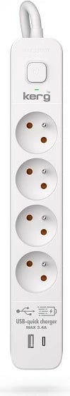 Prizë KERG M02592 me 4 dalje AC, 4 porta USB (3x USB-C + 1x USB-A), 16A, 1.5m, e bardhë