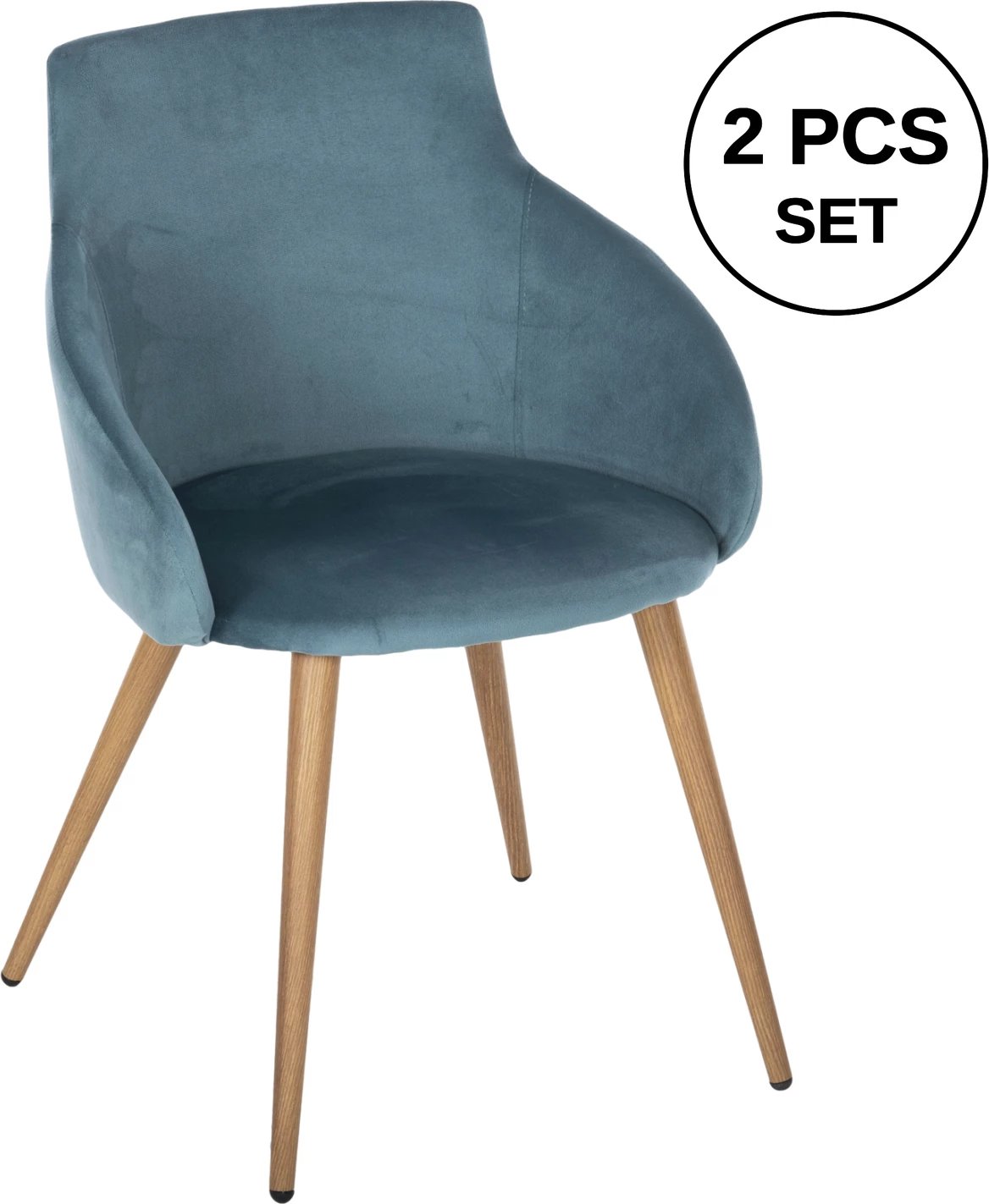 Karrige ngrënieje IVY, kadife turkeze dhe këmbë metali ngjyrë druri natyral, 53x55x79H cm., set prej 2 copë