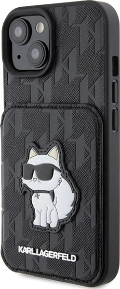 Mbështjellës Karl Lagerfeld Saffiano Cardslots & Stand Monogram Choupette për iPhone 15, i zi