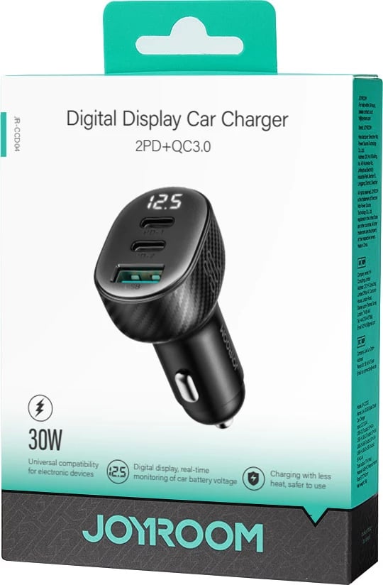 Karikues veture Joyroom JR-CCD04, 30W, 2x USB-C, USB-A, me ekran, i zi