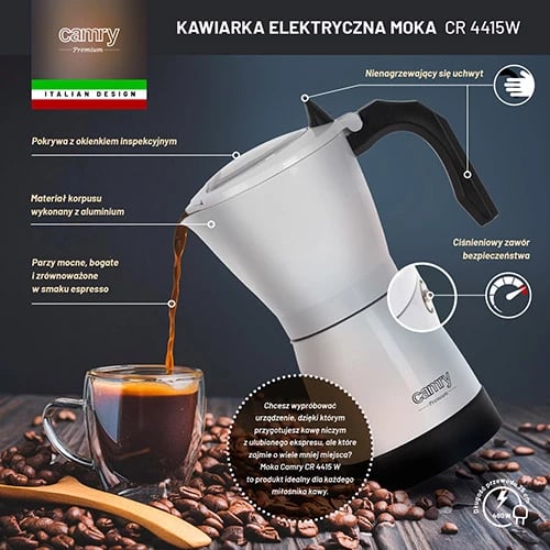 Mokapot elektrik, Camry, CR 4415W, 300 ml 6 filxhanë, 480W, bazë rrotulluese 360°, alumini, e bardhë