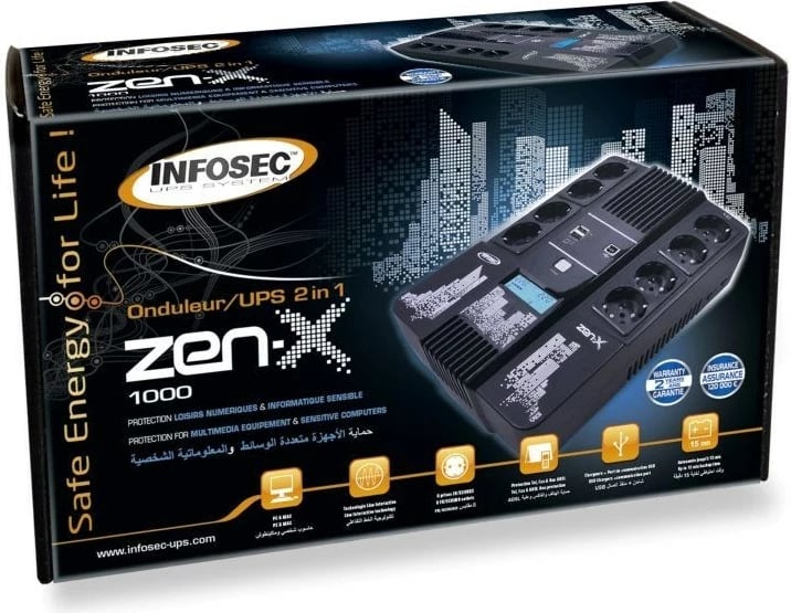 UPS Infosec Zen-X 1000, 1 kVA, 600 W, 8 dalje AC, E zezë UPS Infosec Zen-X 1000, 1 kVA, 600 W, 8 dalje AC, E zezë