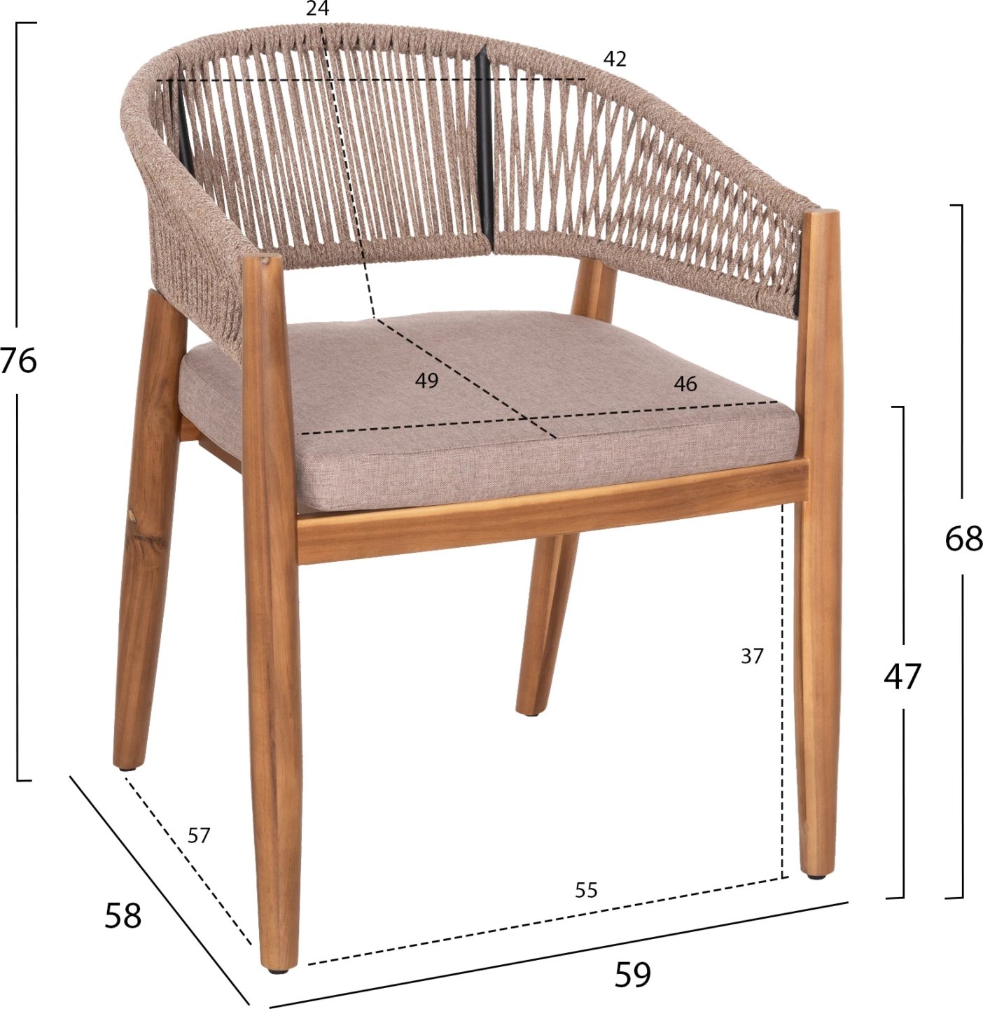 Tavolinë me karrige për terasë 9 pjesë NAVANT FH21066.02, tavolinë me 8 karrige, dru akacie, litar najloni, ngjyrë bezhë