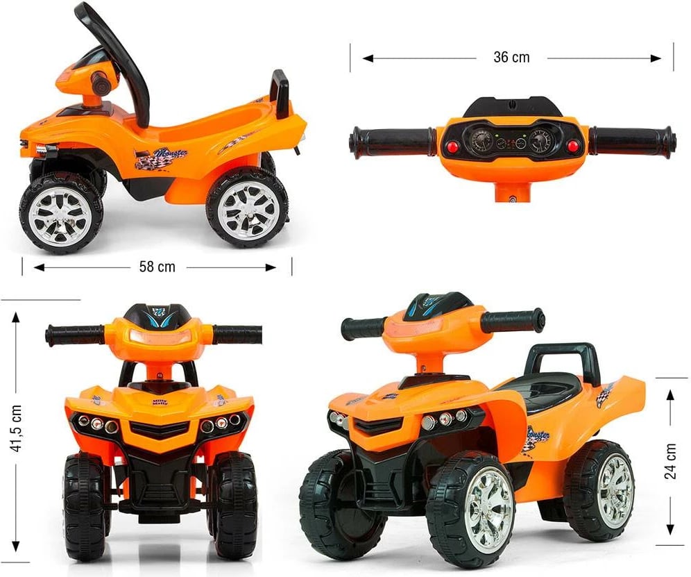 ATV lodër për hipje me zë, Milly Mally Monster, timon interaktiv, depo nën sedilje, ngarkesë 25 kg, 12m+, portokalli