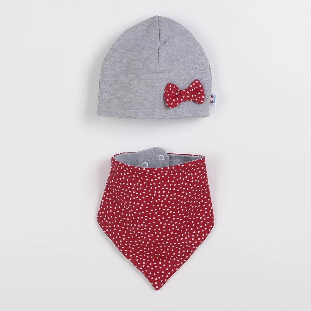 set kapuç + shall qafe për bebe, New Baby Missy, madhësia 92 (18-24m), pambuk 95% + elastan 5%, për vajza, gri-kuqe, set 2 copë