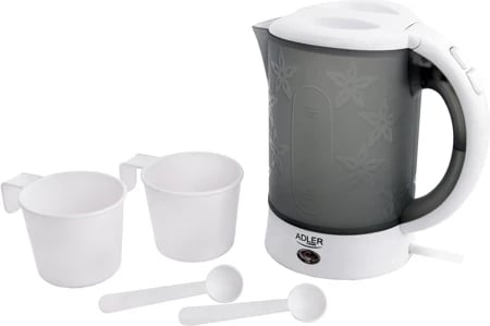 Çajnik elektrik, Adler, AD 1268, 0.6 L, plastikë, 900W, udhëtim, i bardhë-gri, set me 2 gota e 2 lugëza