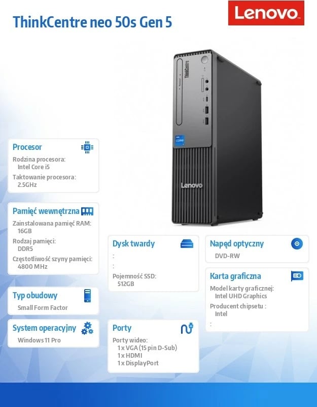 Kasë Lenovo ThinkCentre Neo 50s Gen 5, Intel Core i5-13500, 16 GB RAM, 512 GB SSD, Windows 11 Pro, Zezë/Gri