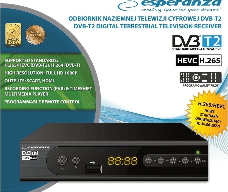 Dekoder digjital Esperanza EV106P DVB-T2 H.265/HEVC, i zi