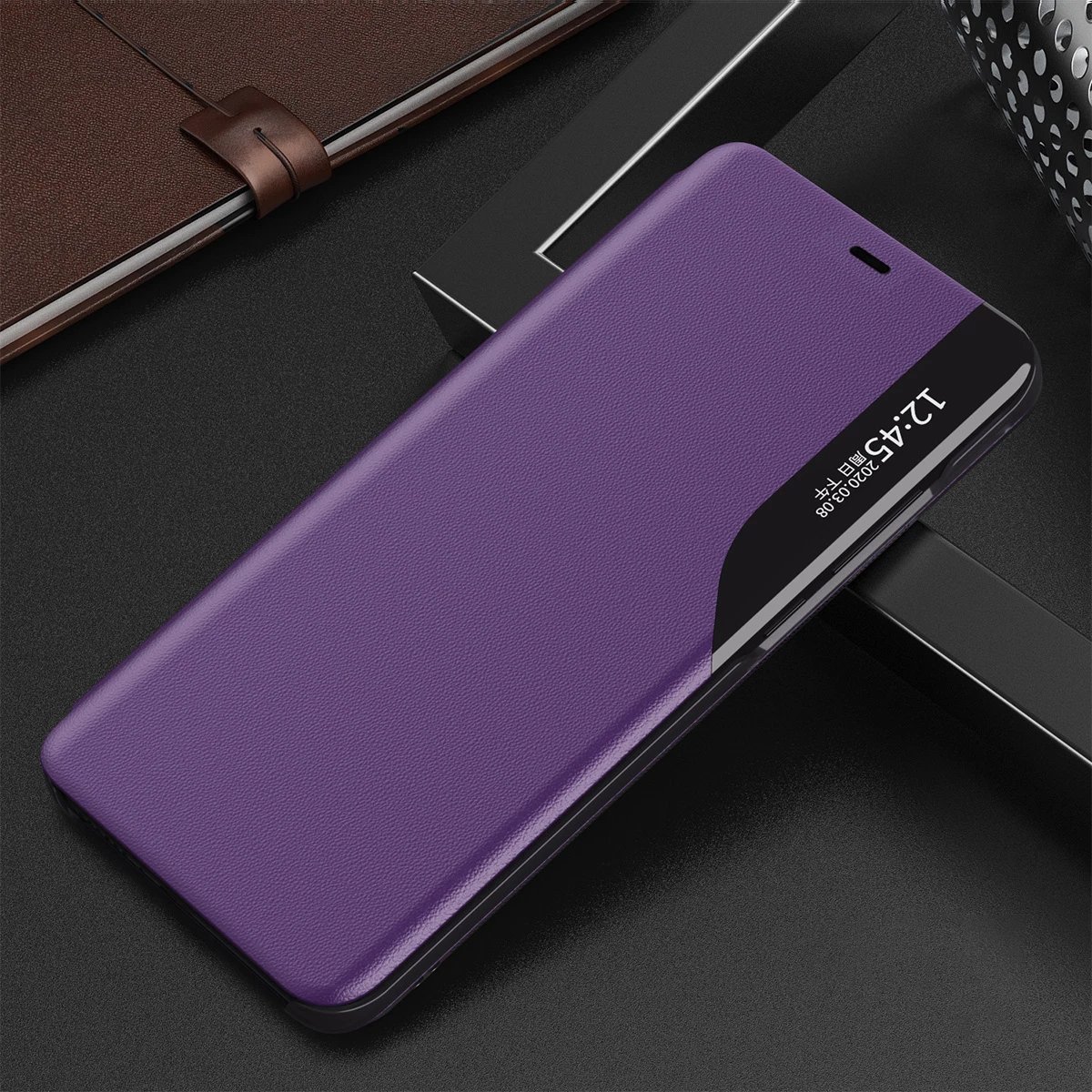 Mbështjellës Hurtel Eco Leather View Case për iPhone 13 Pro Max, me qëndrim, vjollcë