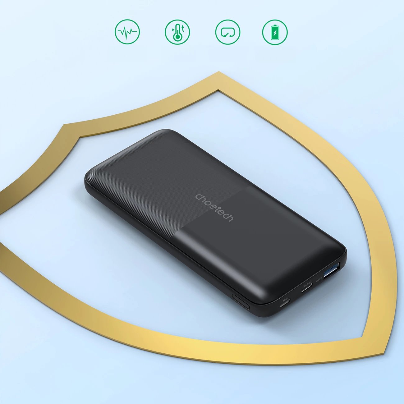 Powerbank Choetech B654, 10000mAh, 22.5W, USB-A/USB-C/micro USB, kabllo të integruara USB-C/Lightning, e zezë