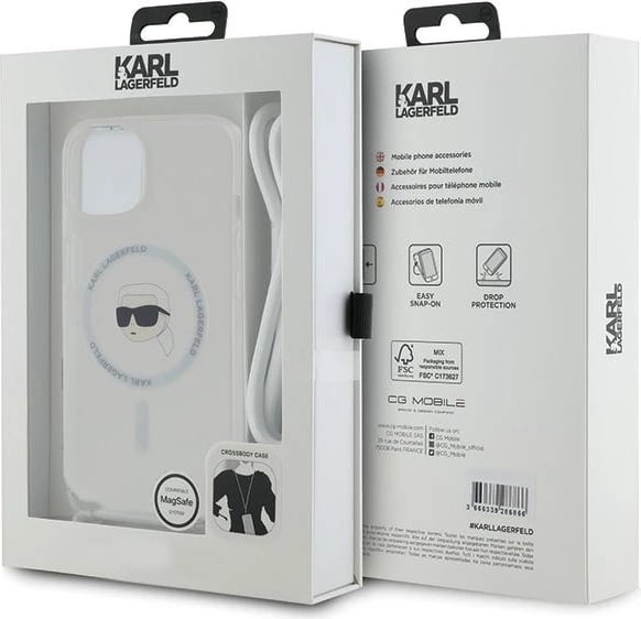 Mbështjellës Karl Lagerfeld Crossbody IML Karl Head MagSafe për iPhone 15/14/13, Transparent