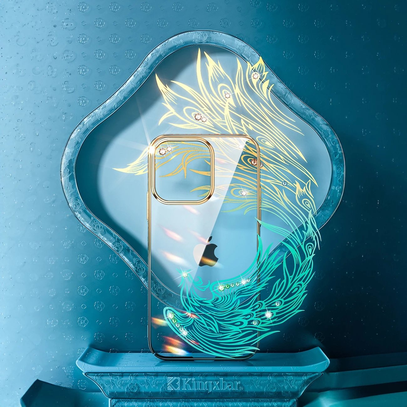 Mbështjellës Kingxbar Phoenix për iPhone 14 Pro, kristale, ari-blu