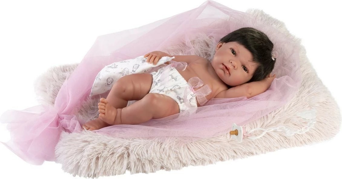 Kukull bebe Llorens Nica 40 cm, vinyl, set me jastëk dhe biberon