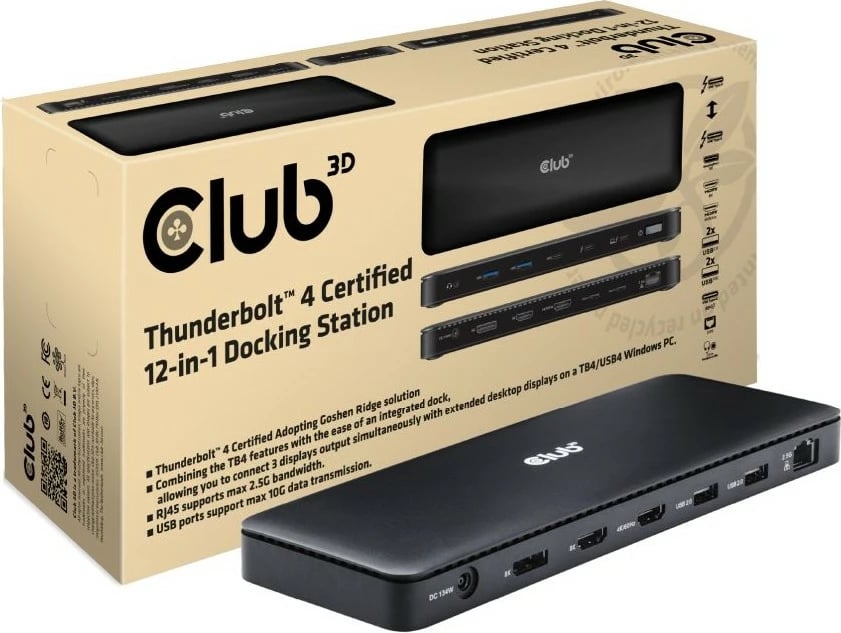 Docking station Club3D Thunderbolt4 12-in-1, universal, 3 ekrane, 0.8m, e zezë