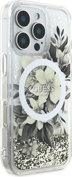 Mbështjellës Guess Liquid Glitter Flower MagSafe për iPhone 16 Pro, Bezhe