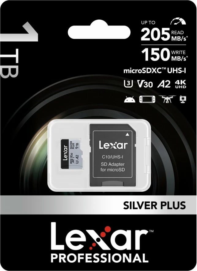 Kartë memorie microSD, Lexar, LMSSIPL001T-BNANG Silver Plus, 1TB, SDXC UHS-I, A2 U3 V30, deri 205/150MB/s, me adapter SD, argjendtë