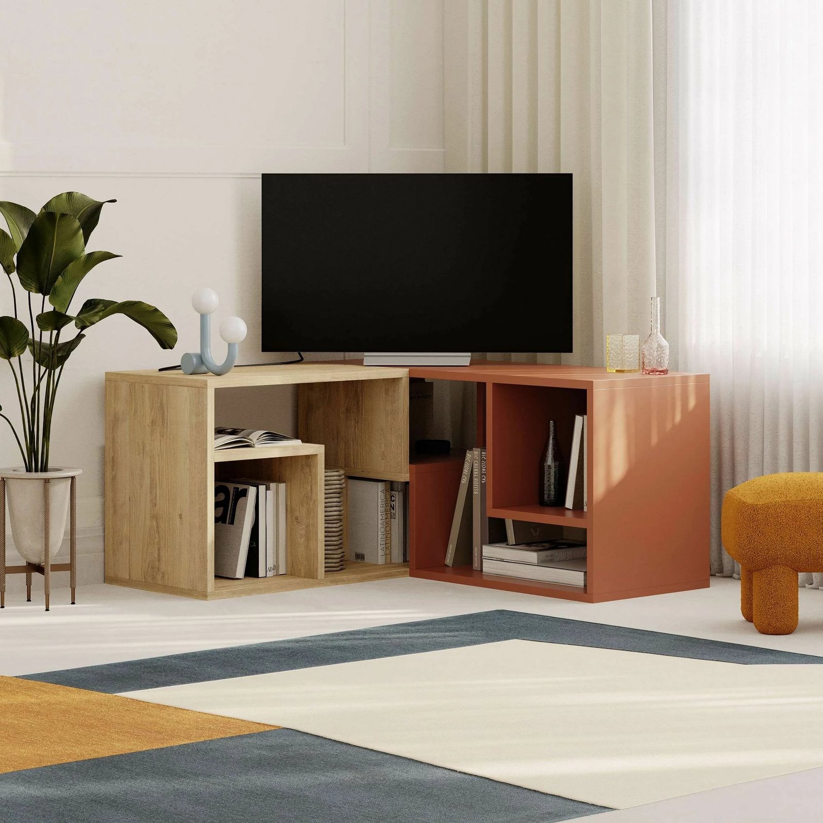 Komodë TV Skye Decor, ngjyrë Sapphire Oak dhe Cinnamon