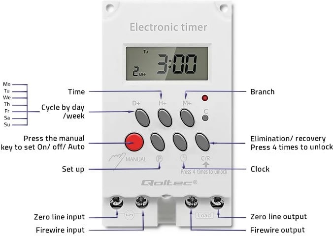 Programator kohe elektronik Qoltec PC0629, për shinë DIN, i bardhë