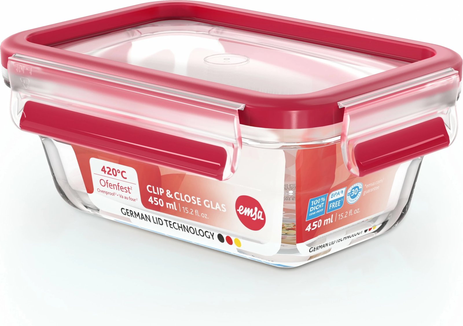 Enë qelqi Emsa Clip & Close N10405 0.45L, kapak i kuq