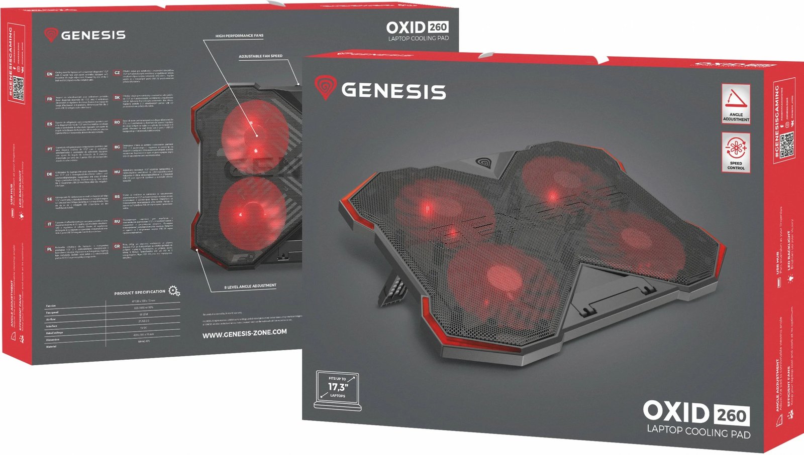 Ftohës notebook Genesis OXID 260, 15.6-17.3 inç, me ndriçim të kuq