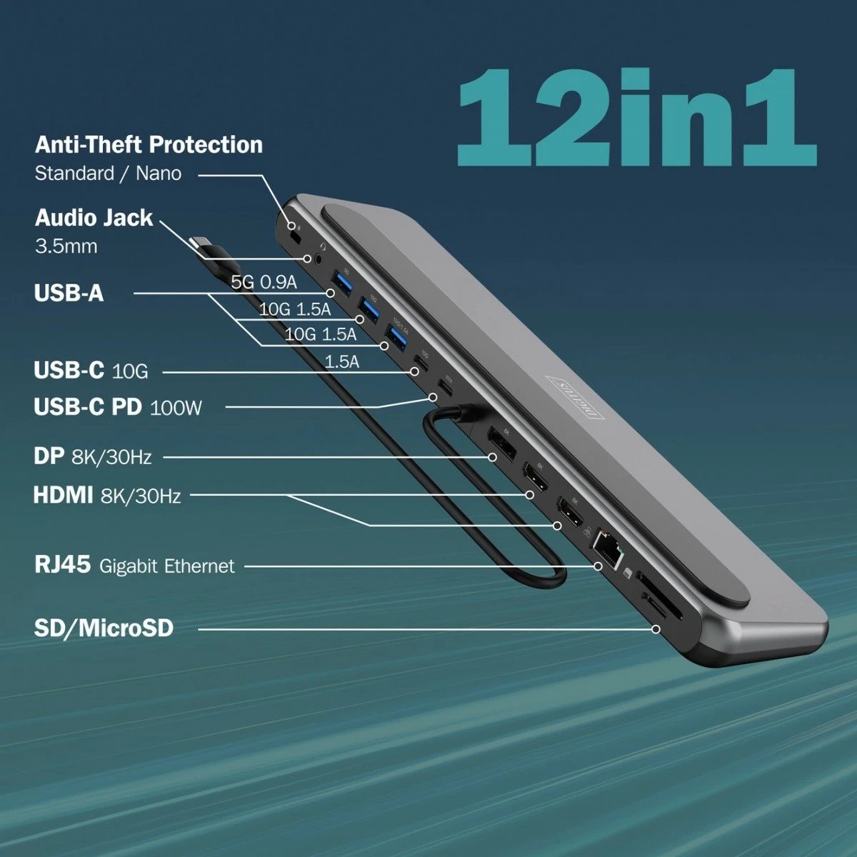 Stacion dokimi USB-C Digitus DA-70919, 12 porta, 8K/30Hz, 3 monitorë, Gigabit Ethernet, SD/MicroSD, PD 100W, zi/gri