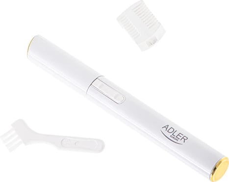 Trimer për vetulla, Adler AD 2934, teh çelik inox, krehër udhëzues dyanshëm 3.5mm/1.5mm, 1x AAA, strehë alumini, e bardhë perlë