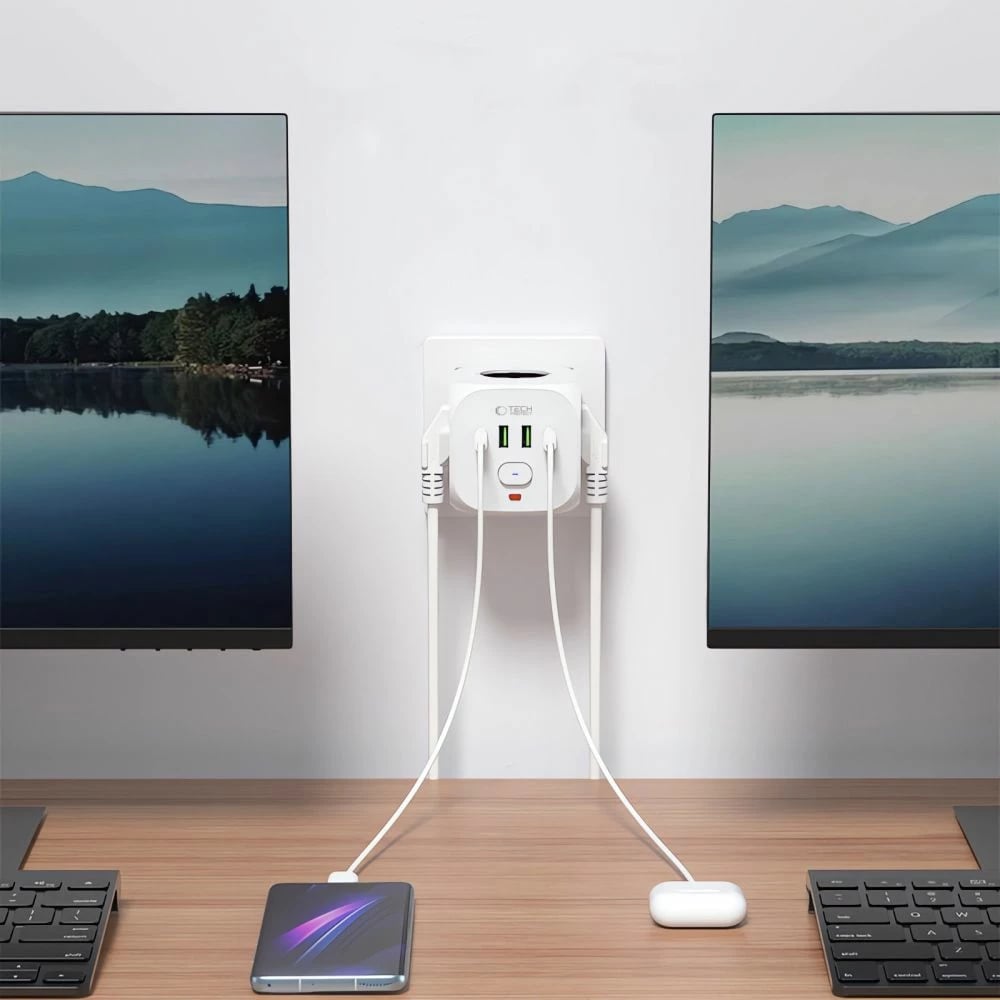 Prizë Tech-Protect PCL3X4 me 3 dalje Schuko, 2x USB-A, 2x USB-C, e bardhë