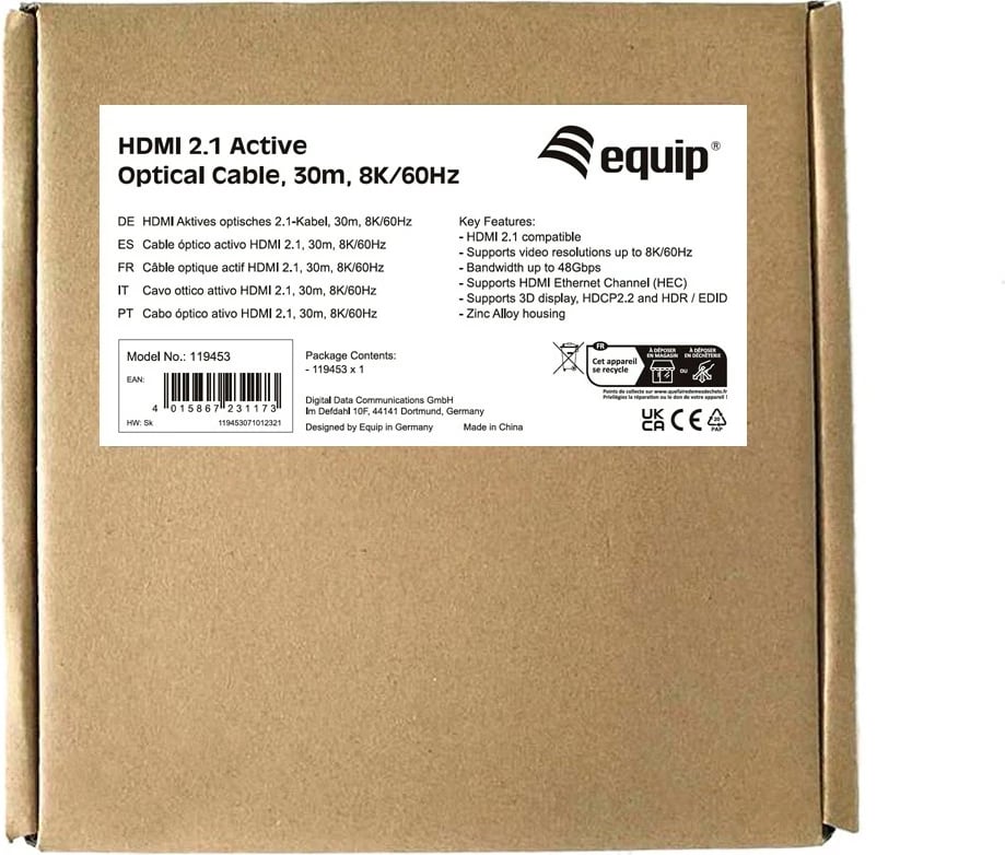 Kabllo HDMI 2.1 Active Optical Equip, 30m, 8K/60Hz, e zezë