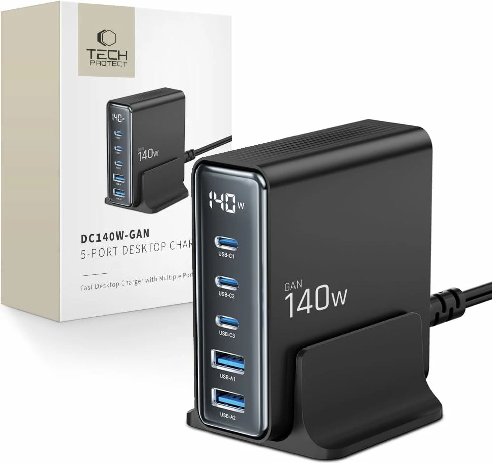 Stacion karikimi Tech-Protect DC140W-GAN, 5 porta, GaN, i zi