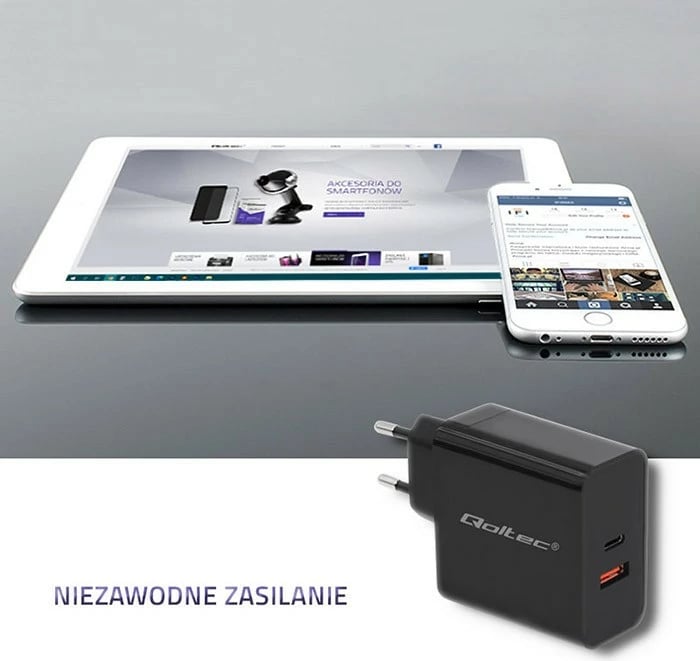 Karikues rrjeti Qoltec 51716, 63W, USB Type-C PD & USB QC 3.0, i zi