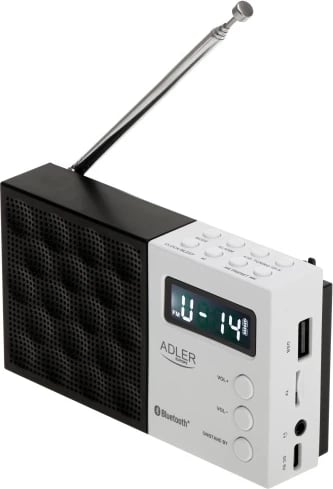 radio dixhitale PLL AM/FM, Adler AD 1908, Bluetooth 5.0, USB/SD, memorie 20 stacione, ekran LCD, 1.2 W, bateri 800 mAh, bardh e zezë