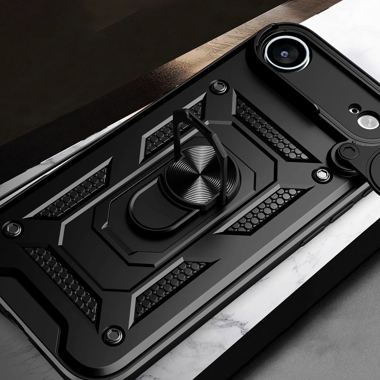 Mbështjellës Hurtel Hybrid Armor Camshield për iPhone 17 Air, me kapak kamere dhe mbajtëse, i zi