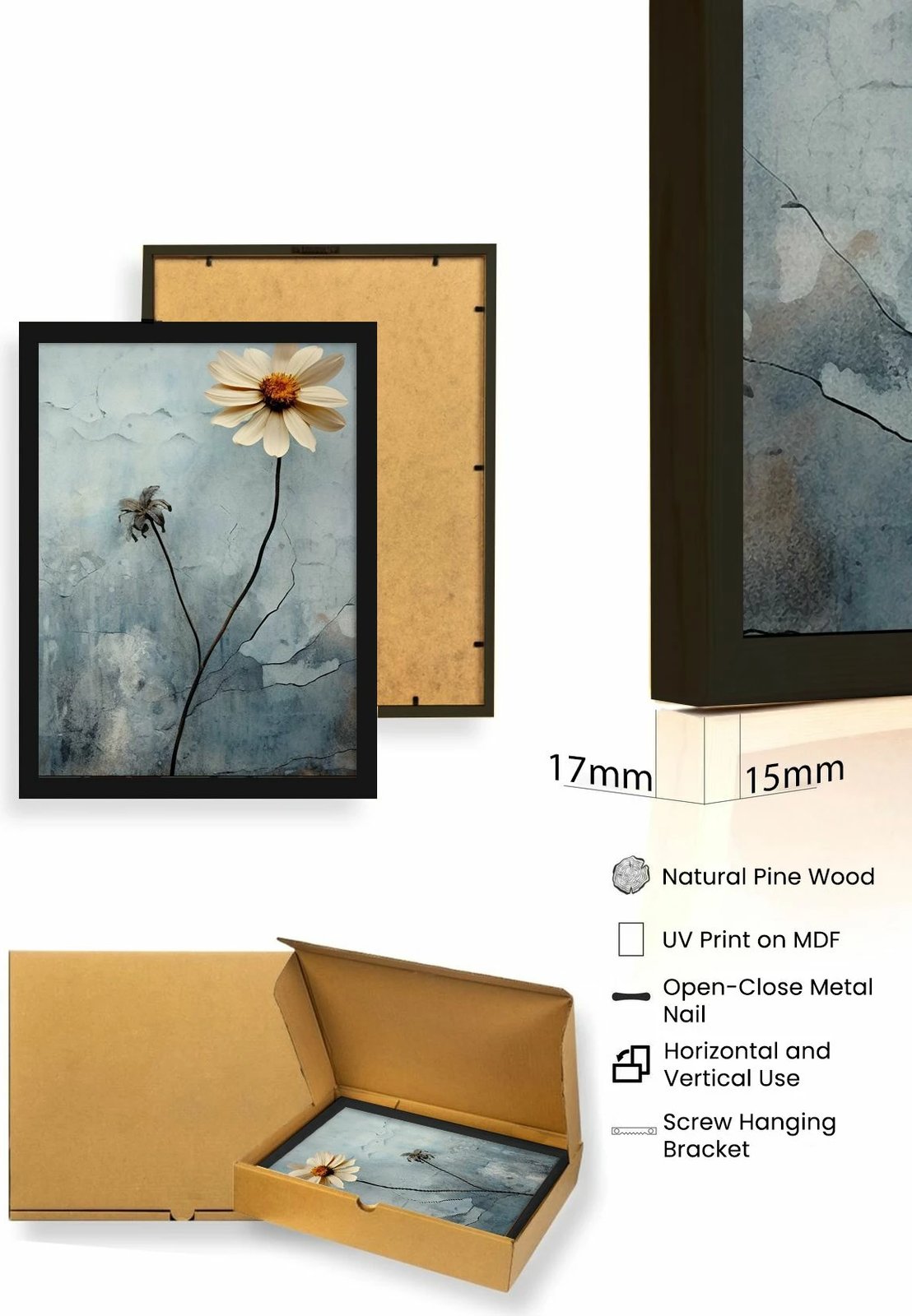 Pikturë dekorative me kornizë, 3 pjesë, Wallity, Huhu474S, 50x70cm