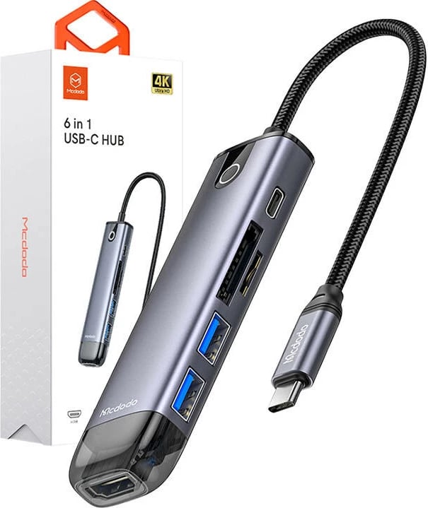 Kasë Mcdodo HU-7420, 6-në-1, USB-C, HDMI, USB3.0*2, SD, TF, Gri
