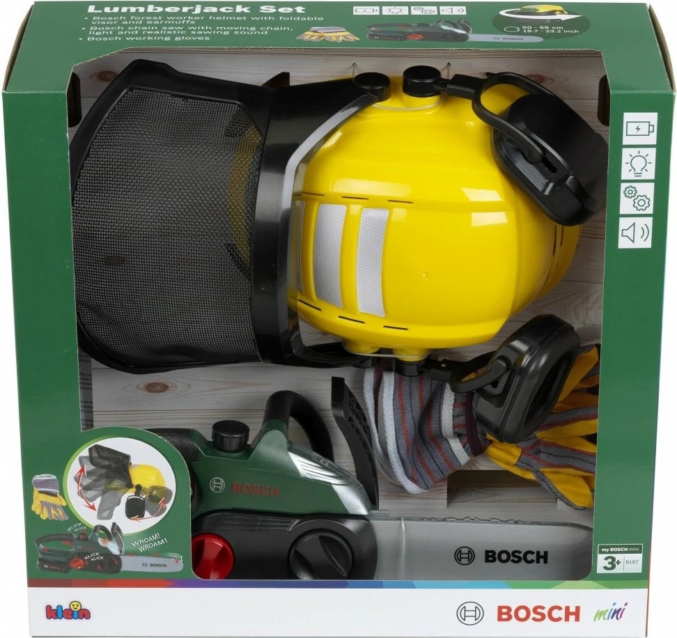 Set pylltari lodër, Klein Bosch 8197, sharrë me drita e zëra me bateri AA, helmetë e rregullueshme me vizor, doreza, shumëngjyrëshe, set